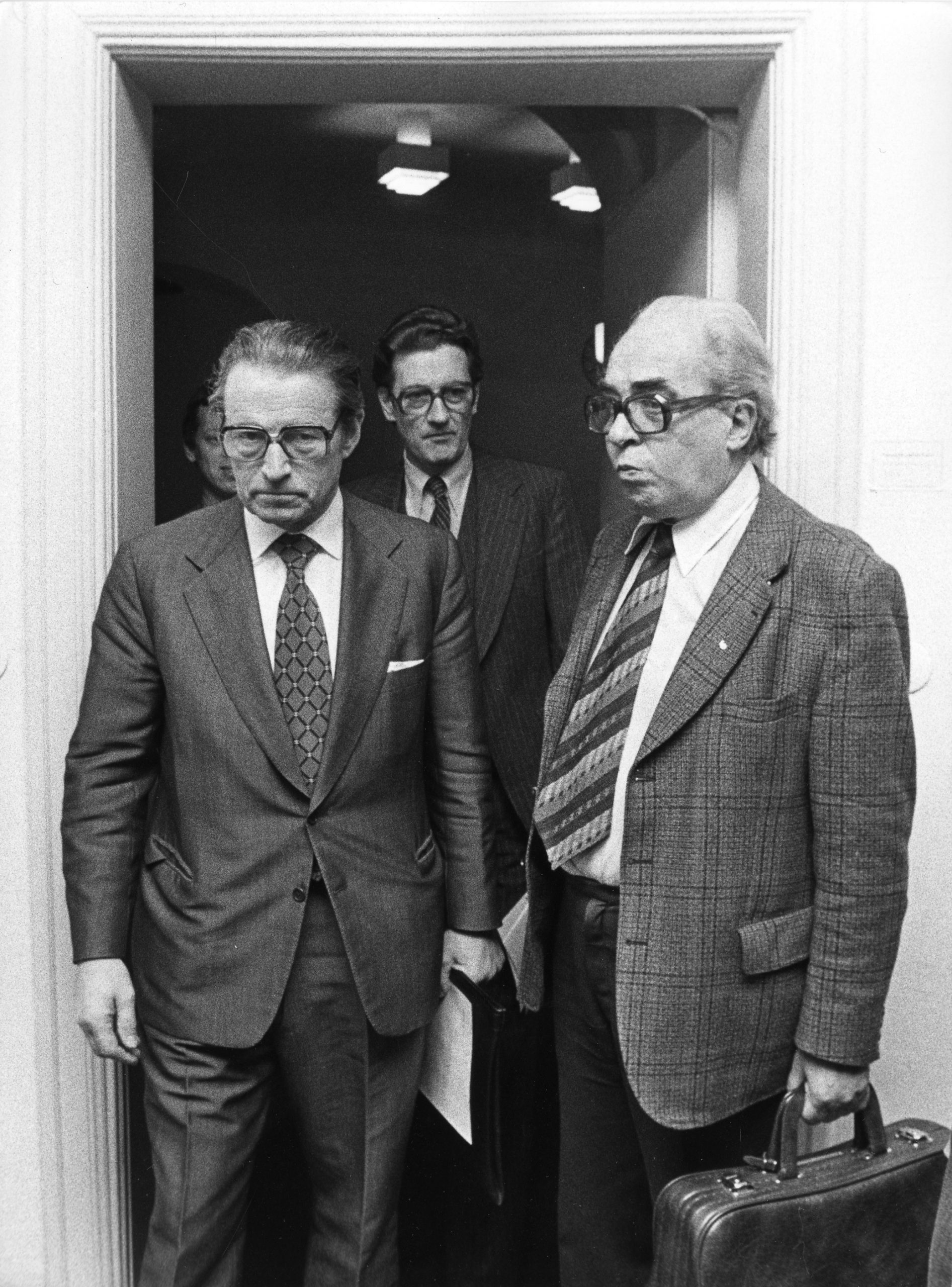 Från 1980 års avtalsrörelse som rörde 1,5 miljoner privatanställda. Från vänster SAF:s Curt Nicolin och Olof Ljunggren och till höger LO:s Gunnar Nilsson. Foto: Pressens bild.